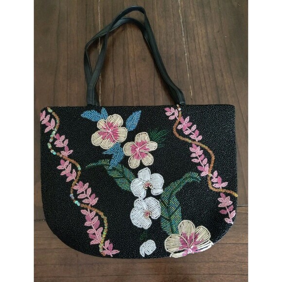 Maui by Design Multicolor Beaded Sequins Blk Tropical Flowers Purse Bag 10"x13" - Picture 1 of 11
